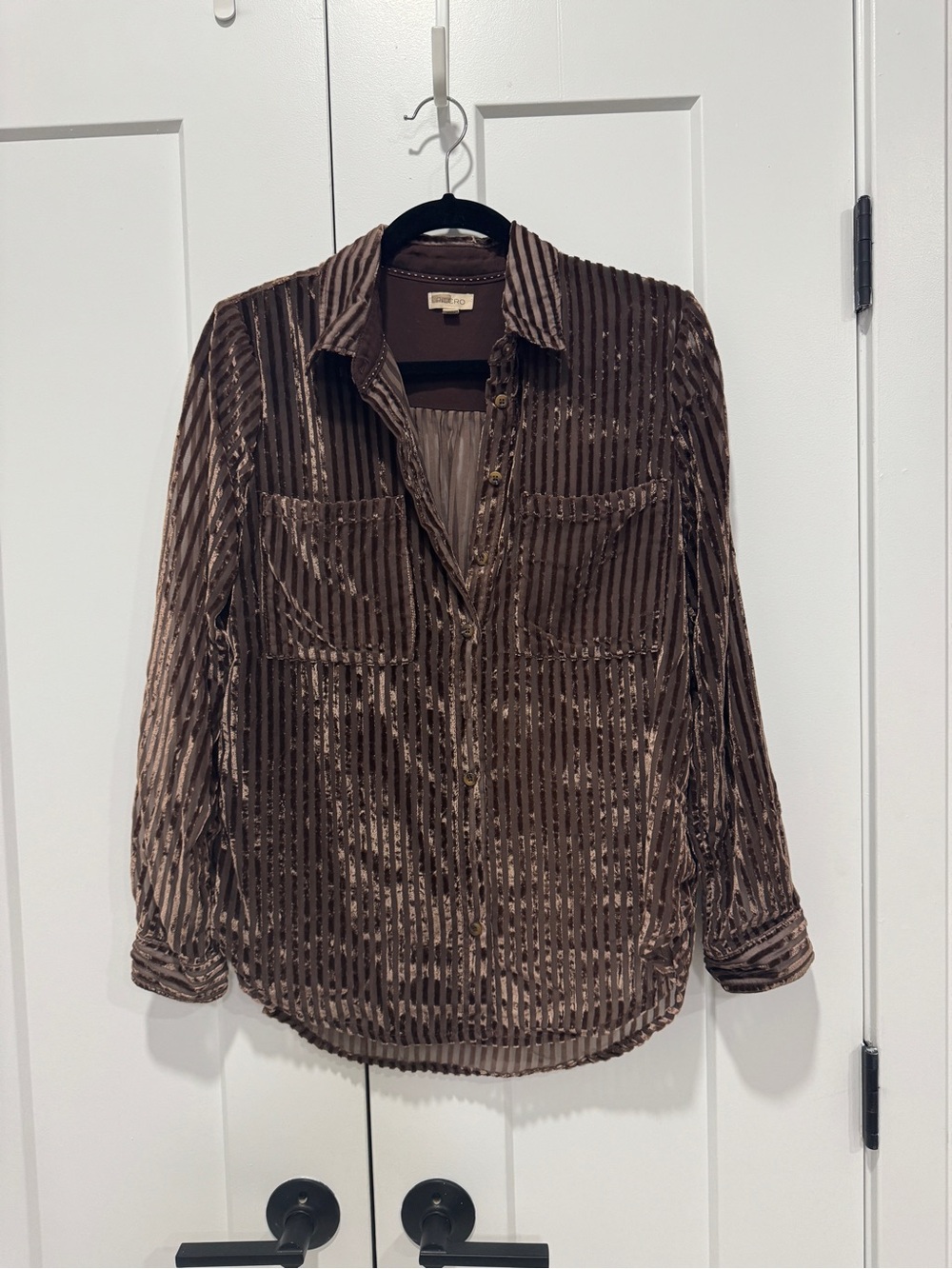 PILCRO Brown Sheer & Velvet Striped oversized Button-Up Shirt, size xs